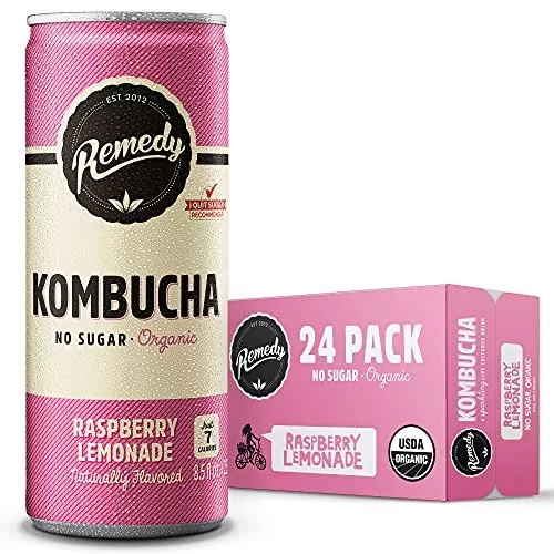 Remedy Raw Organic Kombucha Tea - Sparkling Live Cultured Drink - Sugar Free Raspberry Lemonade - 8.5 Fl Oz Can, 24-Pack
